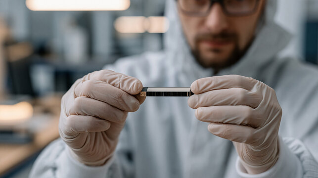 Materials scientist in cleanroom gown handles solid-state battery prototype cell with both gloved hands, ceramic electrolyte layer visible at fractured edge under lab bench