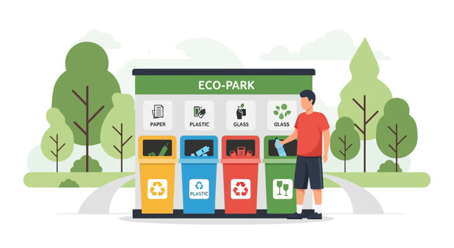 Man Disposing Trash in Recycling Bins at Eco Park