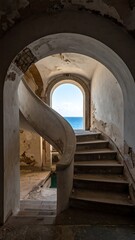 Fototapeta premium A dimly lit, old staircase with a spiral banister curves upward, leading to a worn archway that frames a serene ocean view under a clear blue sky