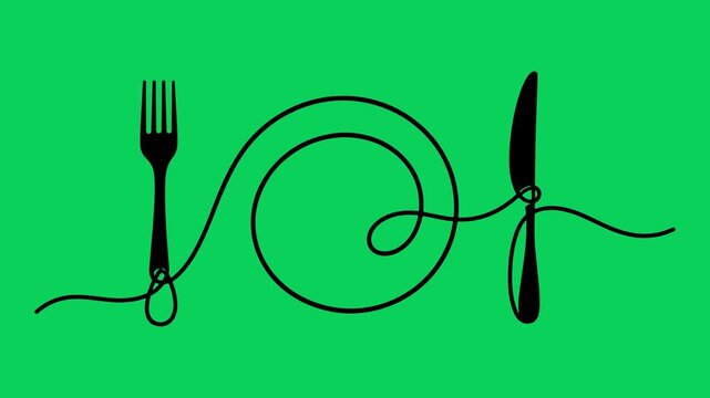 Minimalist line art animation featuring a fork and knife connected by a continuous flowing path forming a heart shape on a vibrant green background for creative food industry video projects