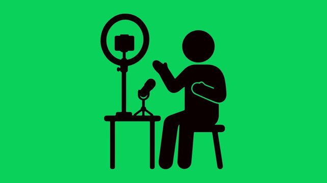 stickman recording video content with a professional camera mounted on a tall tripod while gesturing to the audience during a live motion animation clip for digital media and marketing production.