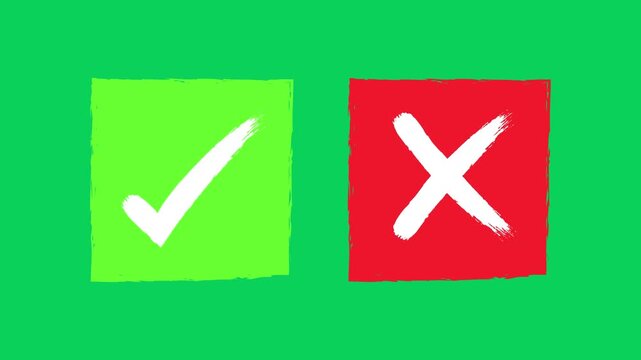 Hand drawn green check mark and red cross icon animation video depicting a choice between correct and incorrect options with textured brush strokes on a dark background for simple design