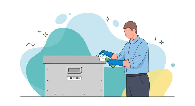 Man in blue shirt and gloves sanitizing a large storage box with a wipe
