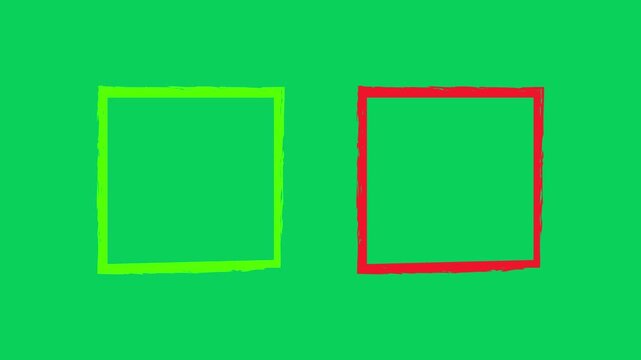checkbox check mark and cross animation on green screen background, correct wrong square buttons with chroma key video overlay, yes no checklist motion graphic for decision content