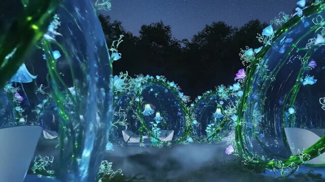 Enchanting Night Garden with Glowing Blue Flowers and Vines, Mystical Forest Ambiance.