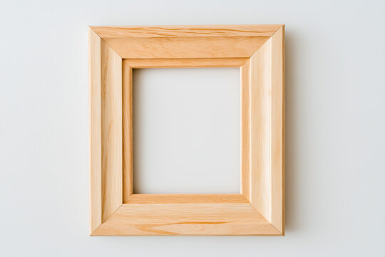 Wooden picture frame with a natural finish, empty space in the center, mounted on a light-colored wall, ideal for displaying artwork or photographs