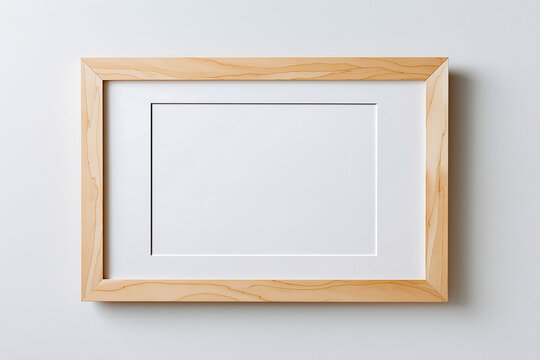 Empty wooden photo frame with a white mat, positioned against a light gray wall, suitable for displaying artwork or photographs in a modern interior setting