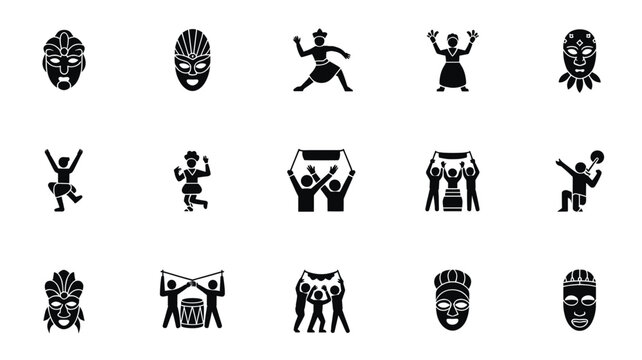 Set of 15 Black Tribal Mask and Dance Figure Icons Vector