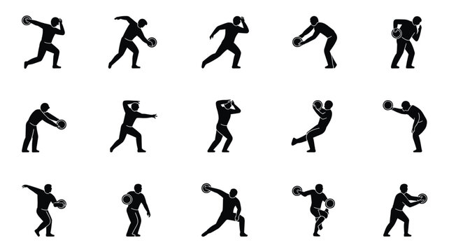 Set of 15 Black Discus Thrower Silhouettes Vector Icons