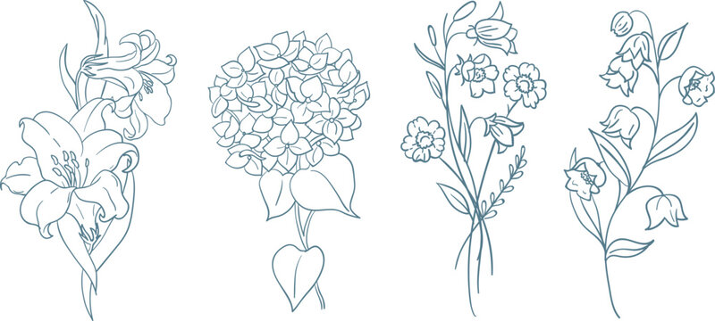 Beautiful collection of hand drawn floral elements featuring delicate lily hydrangea and bellflower blossoms depicted in a clean minimalist blue outline style perfect for elegant wedding invitations a