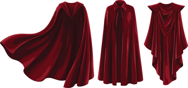 Red Cape Collection Vector Illustration with Flowing Fantasy Cloaks, Medieval Costume Garments, and Dramatic Hoodless Robes for Character Designs