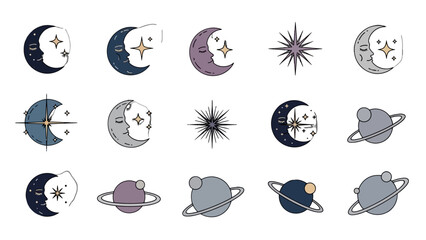 Collection of cartoon moon and planet illustrations. © Bejo