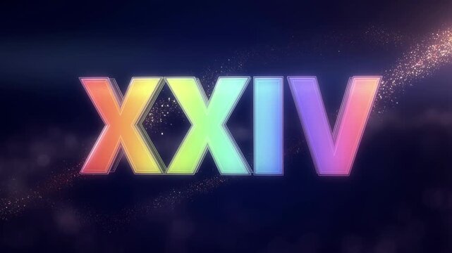 Rainbow roman numeral xxiv with sparkling particles floating in slow motion