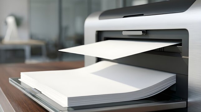Modern office printer printing blank white paper sheets
