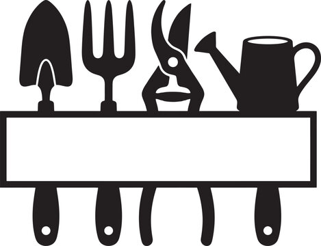 Collection of black silhouette gardening tools with a blank sign for customization