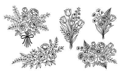 Spring flower bouquet line art black and white botanical floral coloring page vector illustration © Surjo