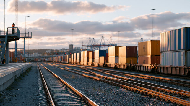 Freight rail terminal at crowded peak hour with multiple intermodal trainsets loading simultaneously, yard coordinator on elevated platform with radio, logistics hub operations,
