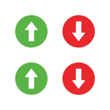 Up and down arrow icon in green and red circle. Upward and downward symbol. Vertical arrows direction sign