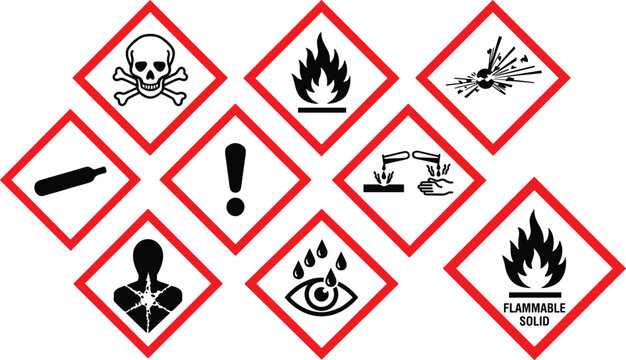 Collection of GHS hazard warning symbols displayed on a white background for safety information