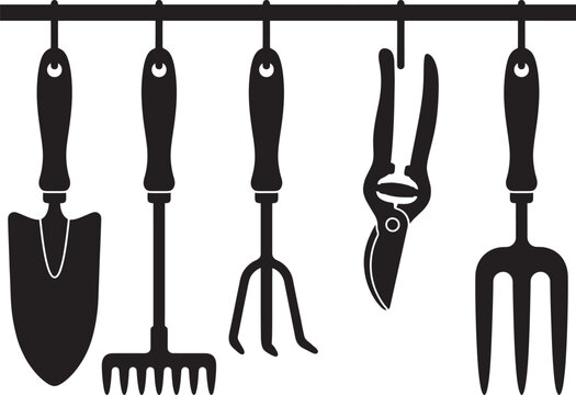 Collection of essential garden tools including a trowel rake cultivator shears and fork isolated on transparent background