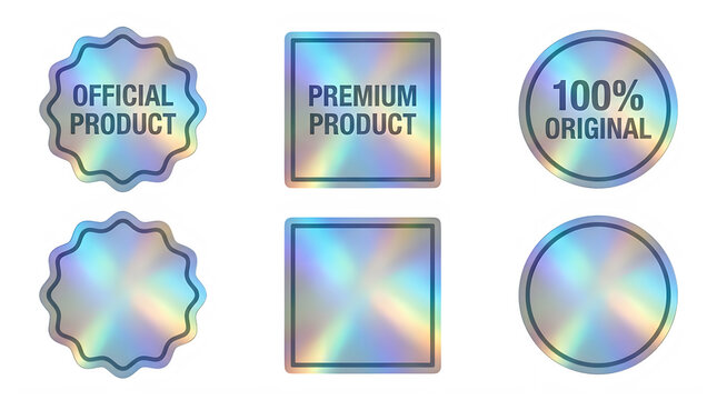 Holographic sticker set with official product labels, iridescent foil security seals, shiny rainbow metallic badges for packaging and authenticity isolated on Transparent Background