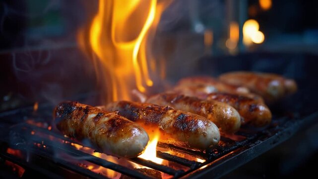 Delicious sausages sizzling on a barbecue grill, surrounded by vibrant flames, showcasing the perfect summer grilling experience with rich flavors and smoke.