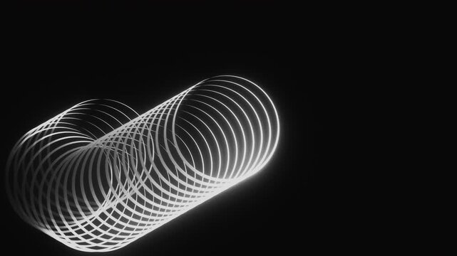 Abstract white spiral coil shape rotating on black background as a seamless loop 3D animation, perfect as a minimal cinematic background for music technology or creative brand videos