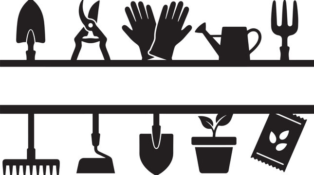 Collection of silhouette garden tools and plants isolated on transparent background for creative design