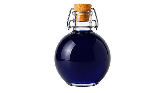 Round glass bottle with blue liquid and cork stopper isolated on transparent background
