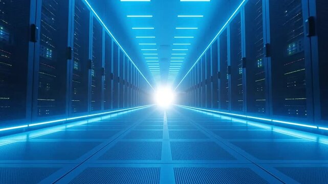 Futuristic server room with blue lights.