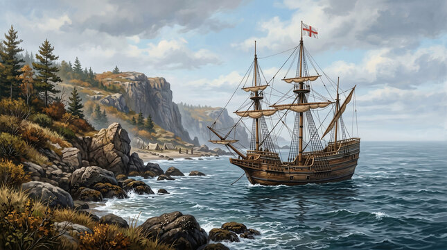 Historical Mayflower Galeon Ship Near Rocky New England Coastline Illustration