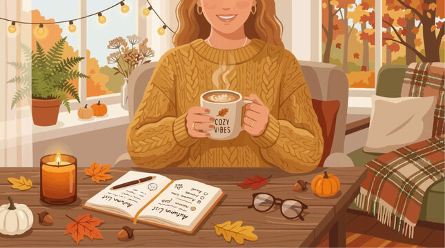 Woman enjoying a warm drink in a cozy setting with autumn decorations