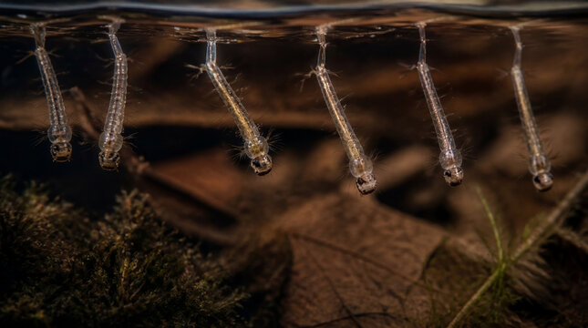 Mosquito larvae, wrigglers and insect life cycle in pond water for biology, science and pest control. Aquatic, nature and environment with underwater view, small organism and health risk breeding