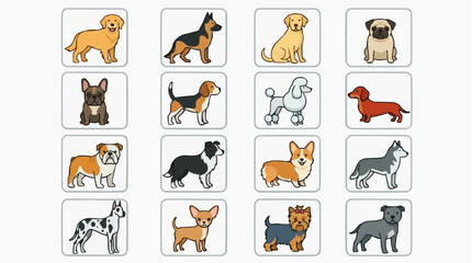 Fototapeta premium Collection of 16 popular dog breeds in square icons with french bulldog