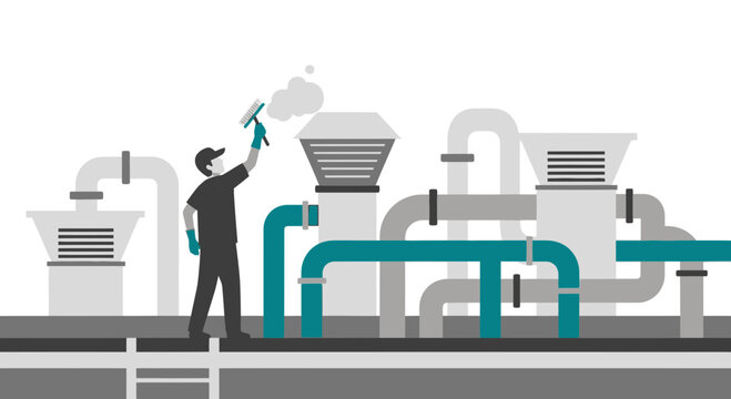 Industrial worker cleaning ventilation system with spray bottle and cloth, factory pipes background
