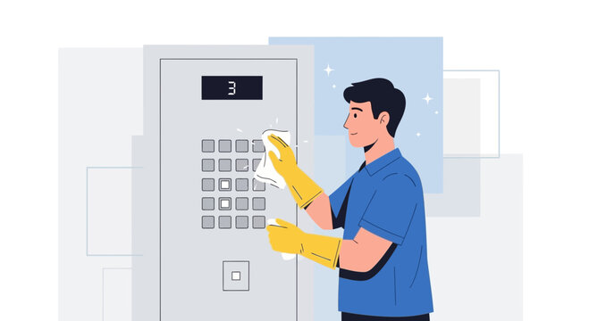 Janitor Cleaning Elevator Buttons with Disinfectant Wipe, Hygiene and Safety Concept