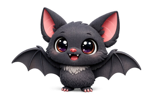 image.png Cute fluffy cartoon bat with big sparkling eyes, pink ears, tiny fangs and open wings, isolated on transparent background