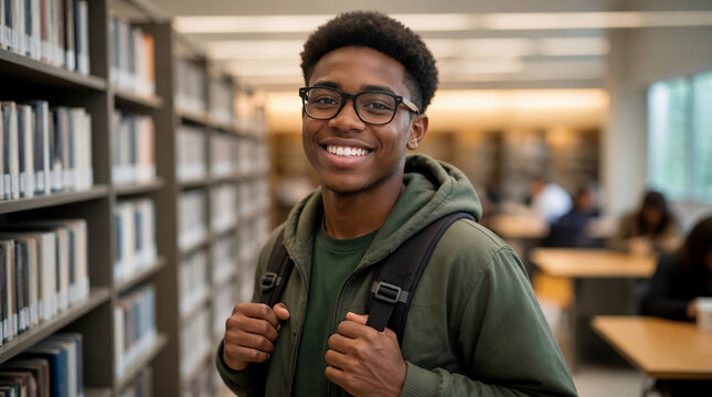 Student, man and library with backpack for education, university and learning at campus. African American, glasses and books with school, college and study for graduation, degree and knowledge.