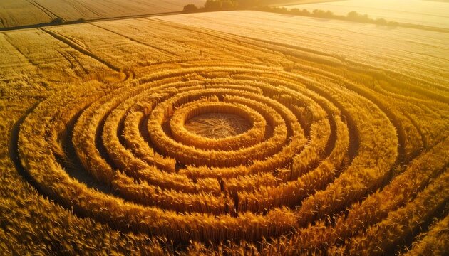 Golden wheat field forming spiral crop circle pattern