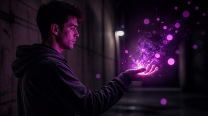 Fototapeta premium Magic, energy and man with hand for mystery, glowing power and purple fantasy. Urban, dark and mysterious with wizard, special effects and supernatural for creative, hoodie, light spell and neon aura