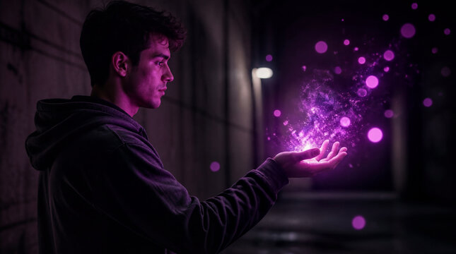 Magic, energy and man with hand for mystery, glowing power and purple fantasy. Urban, dark and mysterious with wizard, special effects and supernatural for creative, hoodie, light spell and neon aura