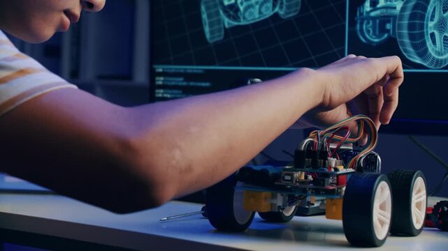 Asian teenager doing Arduino robot homework project in house, technology of robotics programing and kids education concept.