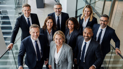 Obraz premium Business group, professional and team in office with staircase for networking, corporate unity and career vision. Diverse people, executive and leadership with meeting, suit and workplace success