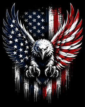 Patriotic Bald Eagle with American Flag Wings Grunge Vector Design