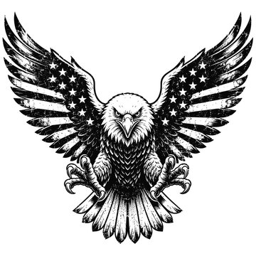 Grunge Bald Eagle Attack with Flag Wings Monochrome Vector Art
