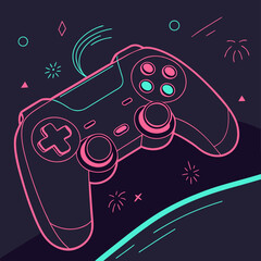 Neon style game controller outline illustration on dark background with controller joystick entertainment technology © Stock Master BD
