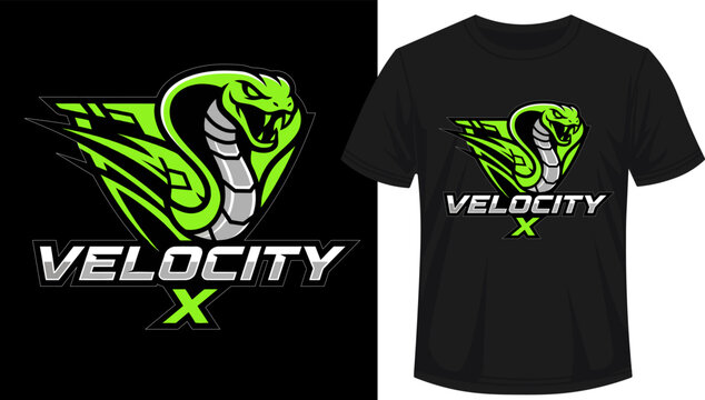 Aggressive neon green cobra viper head logo design with sharp fangs and text velocity x in silver and esport emblem in outline style