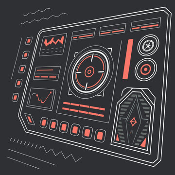 Futuristic digital hud interface panel with data charts and circular radar interface technology analytics dashboard