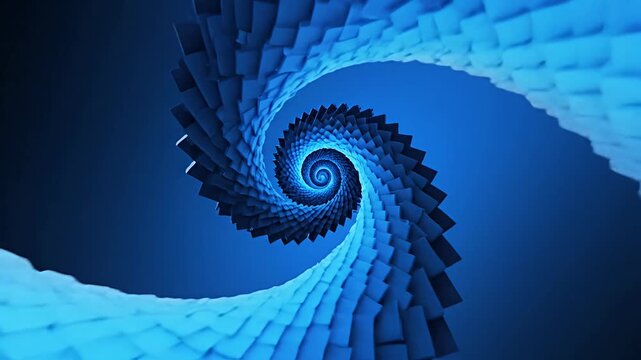 Blue geometric spiral vortex architectural tunnel perspective.