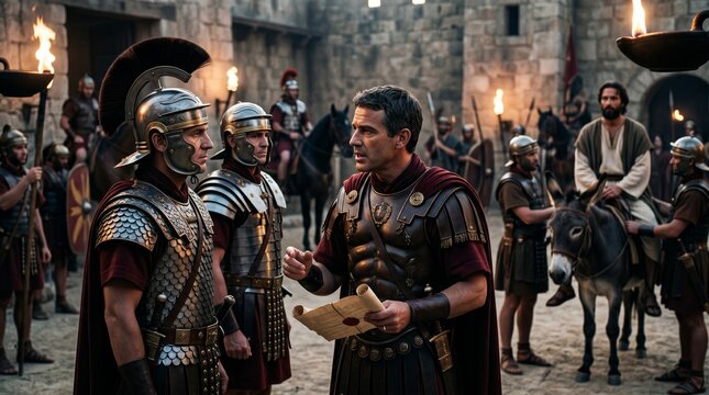 Roman centurion talking to a tribune about a Roman citizen. Biblical scene from Acts 22 depicting military men in ancient armor at a fortress. Historical drama and cultural history.